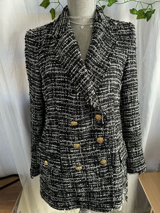 Zara Jackets & Blazers - Black & White Tweed Double-Breasted Women's Blazer Coat
